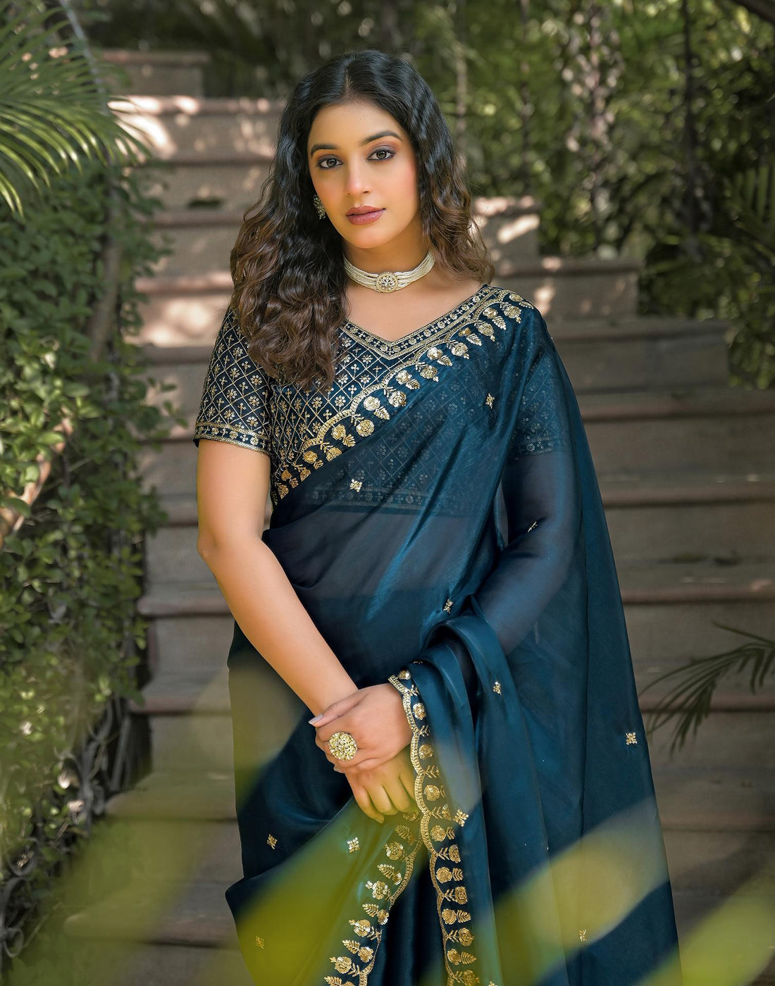 Teal Blue Shimmer Tissue Sequence Embroidery Saree