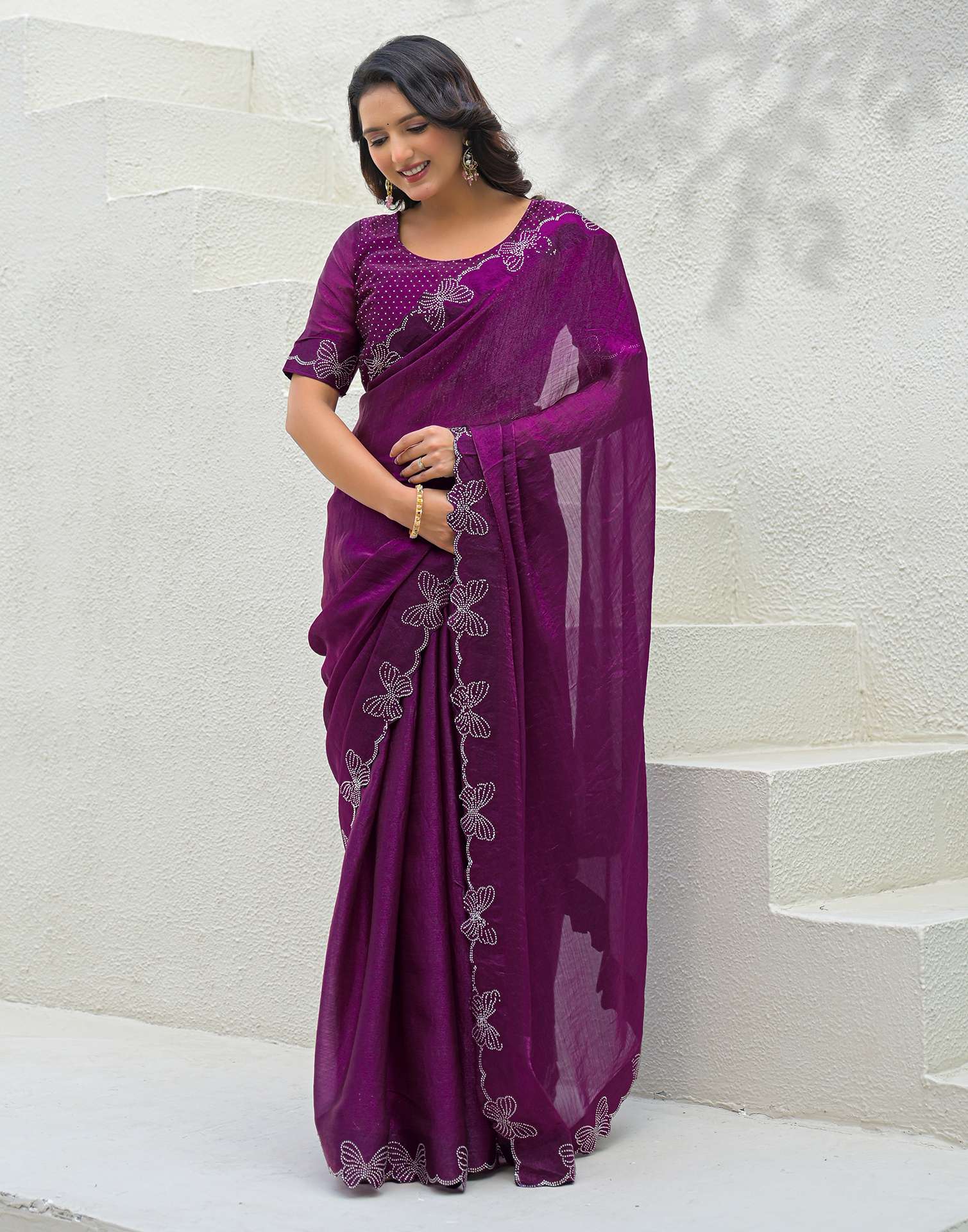 Purple Shimmer Stone Work Swarovski Saree