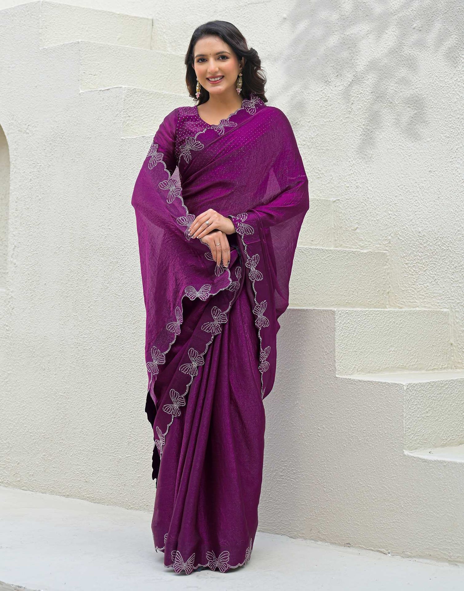 Purple Shimmer Stone Work Swarovski Saree
