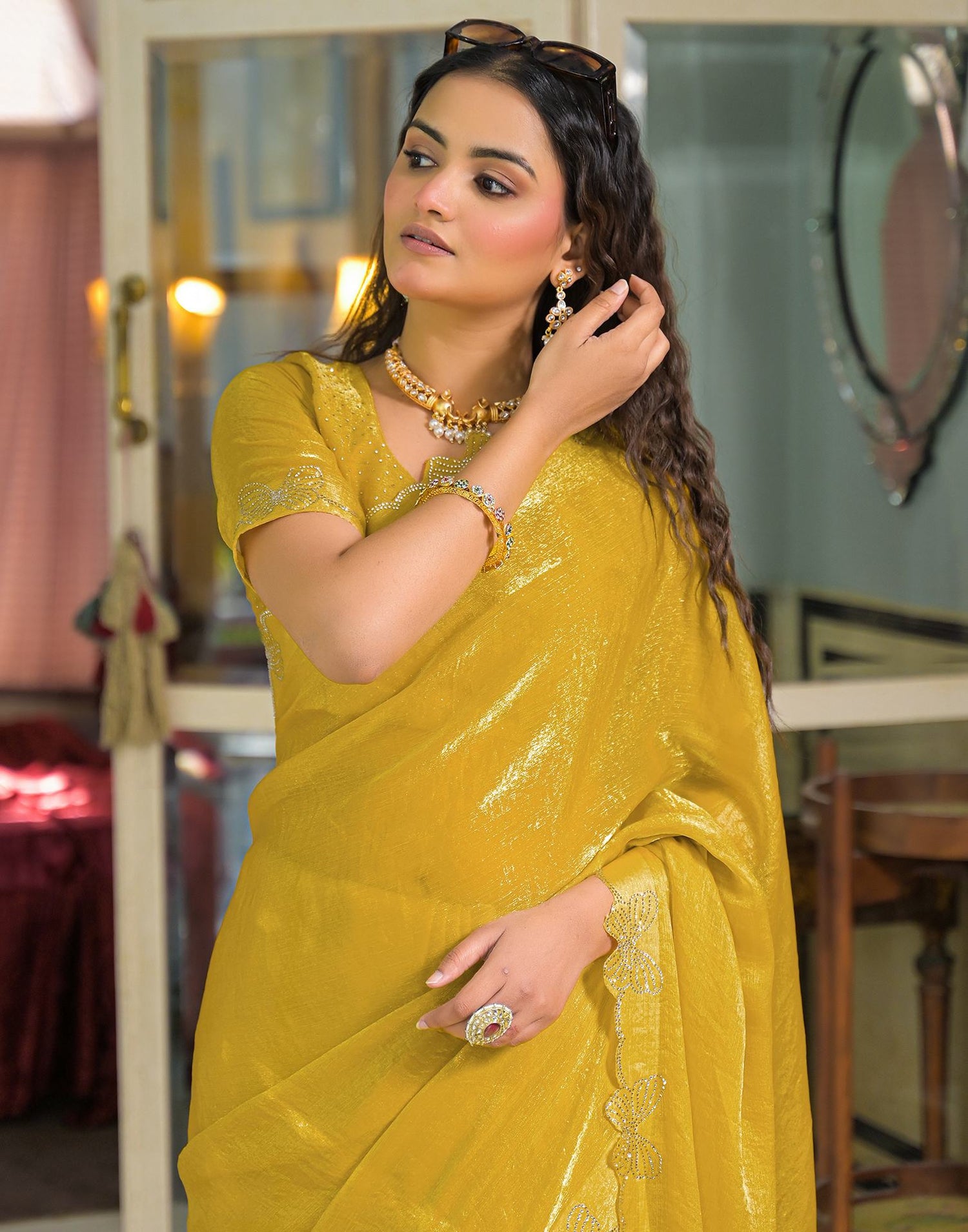 Yellow Shimmer Stone Work Swarovski Saree