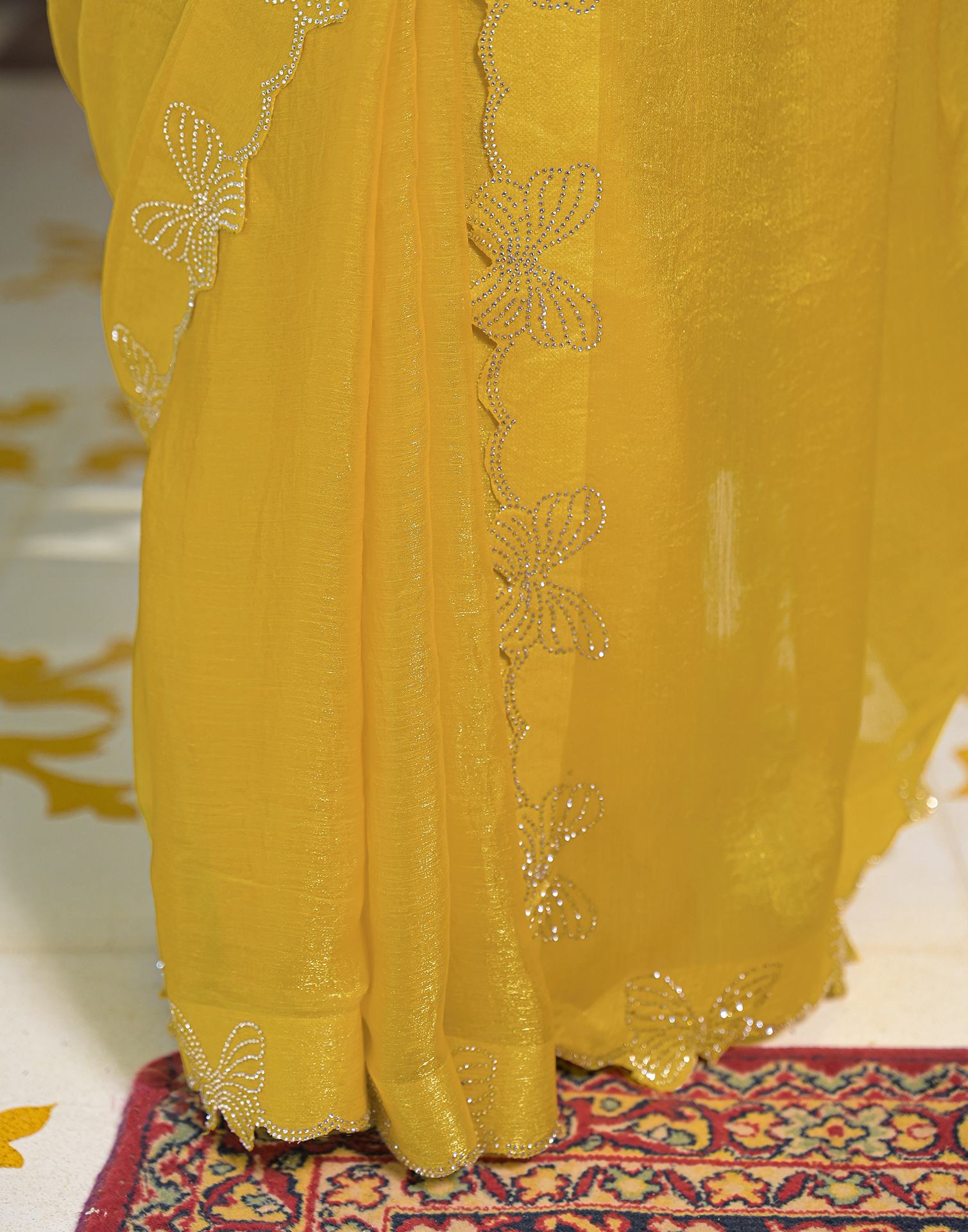 Yellow Shimmer Stone Work Swarovski Saree