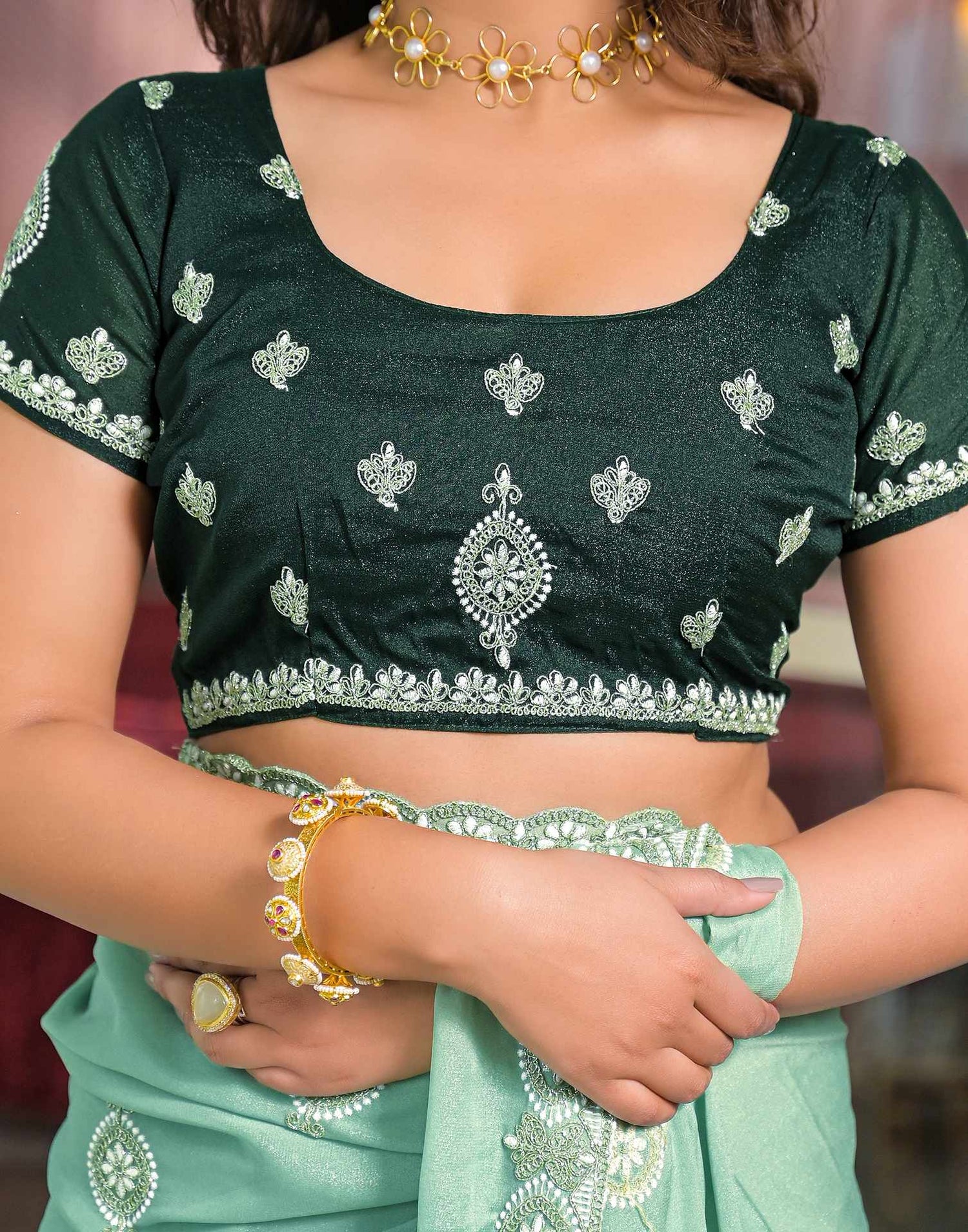 Mint Green Shimmer Embroidery Saree