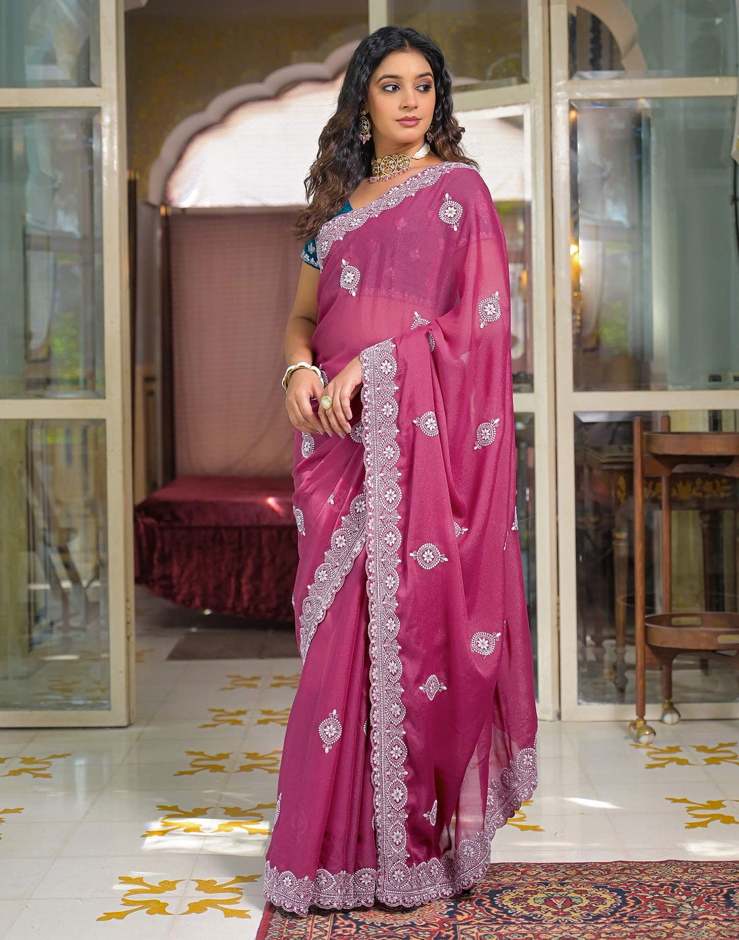 Dark Pink Shimmer Embroidery Saree