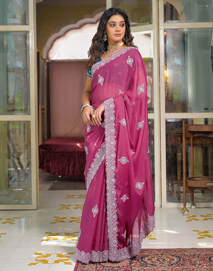 Dark Pink Shimmer Embroidery Saree