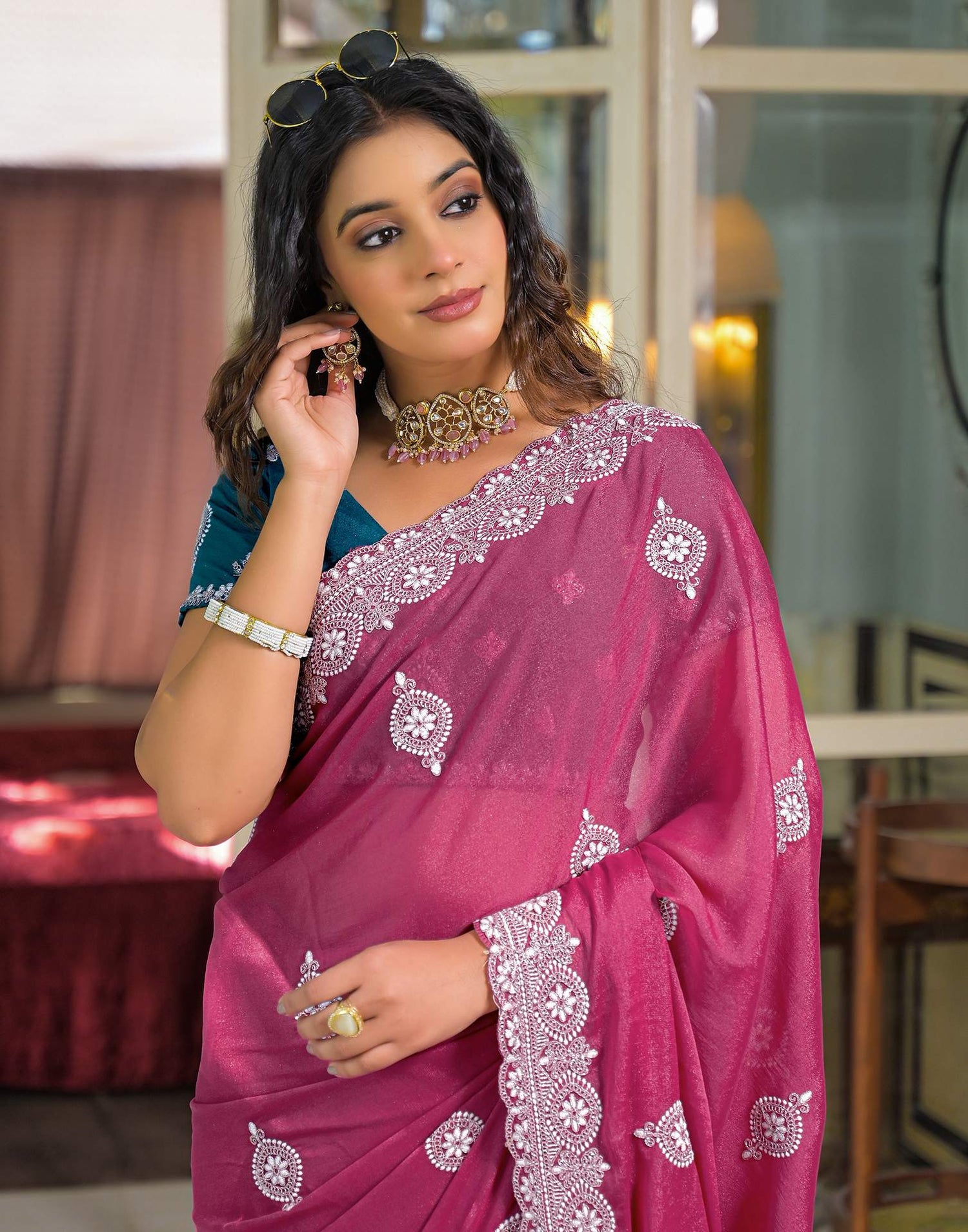 Dark Pink Shimmer Embroidery Saree