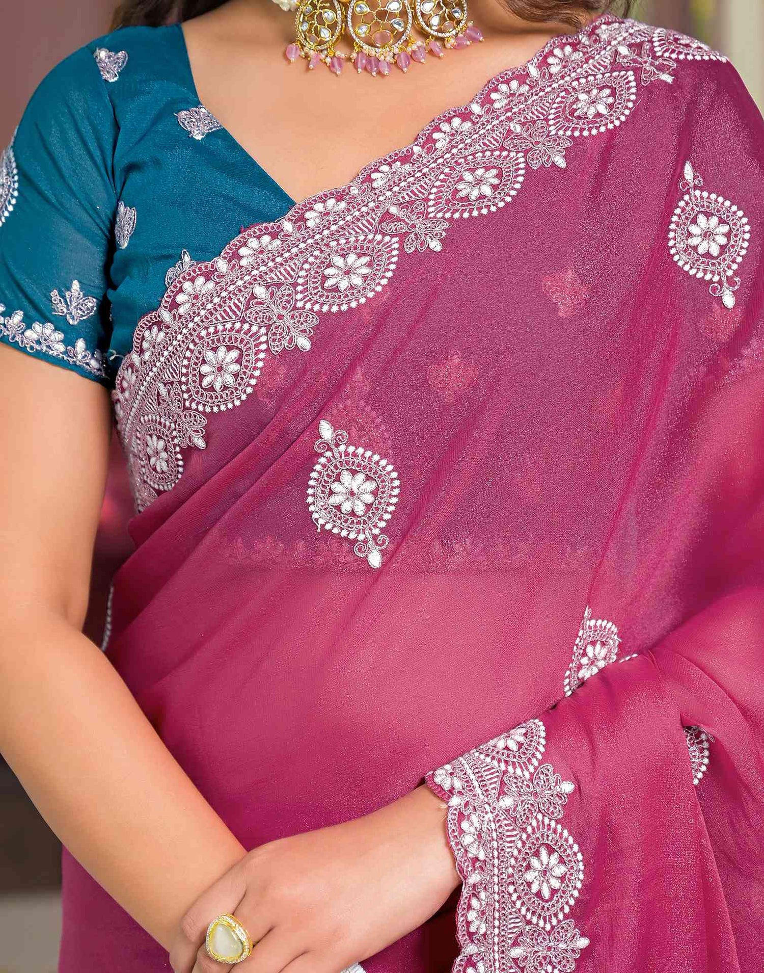 Dark Pink Shimmer Embroidery Saree