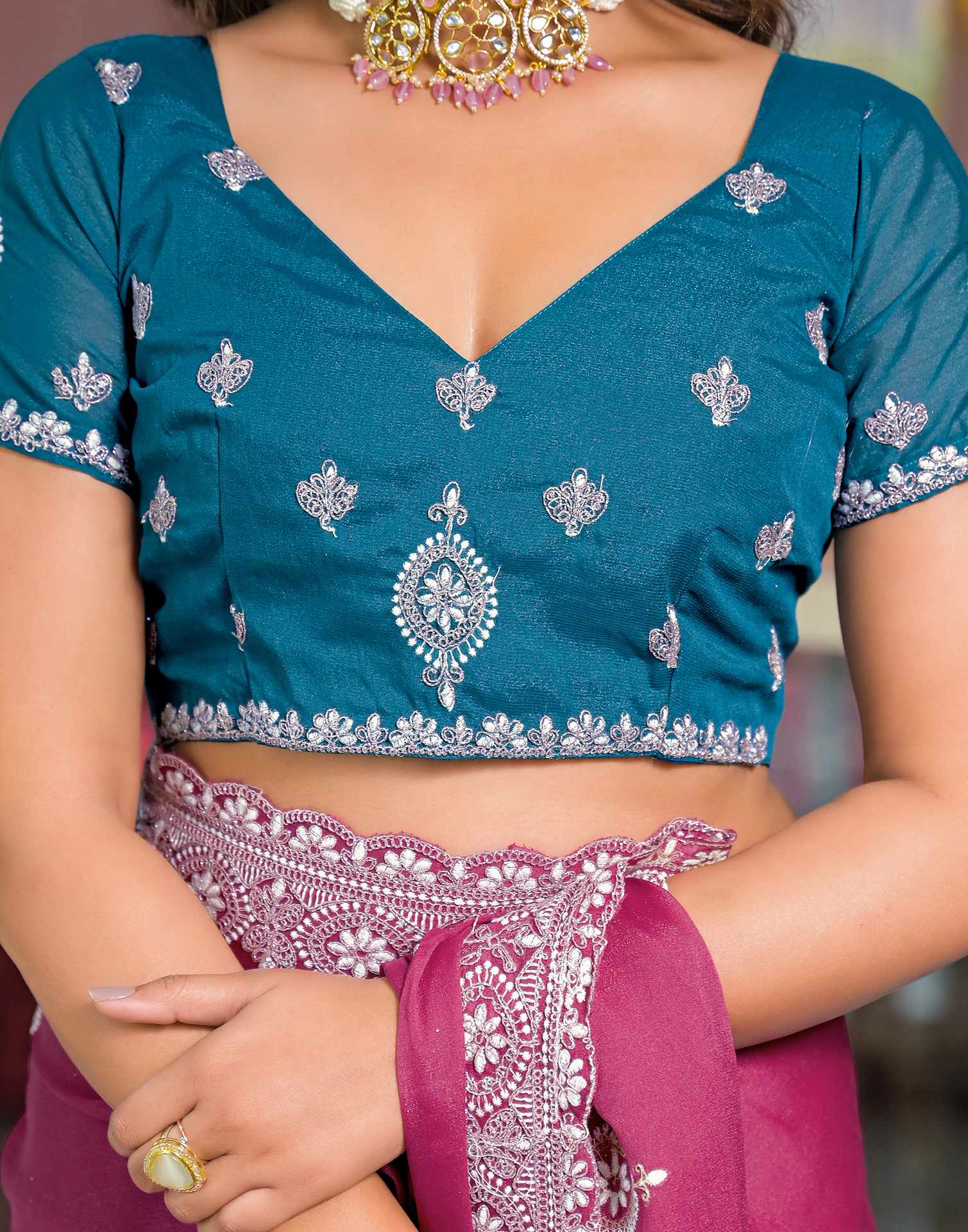 Dark Pink Shimmer Embroidery Saree