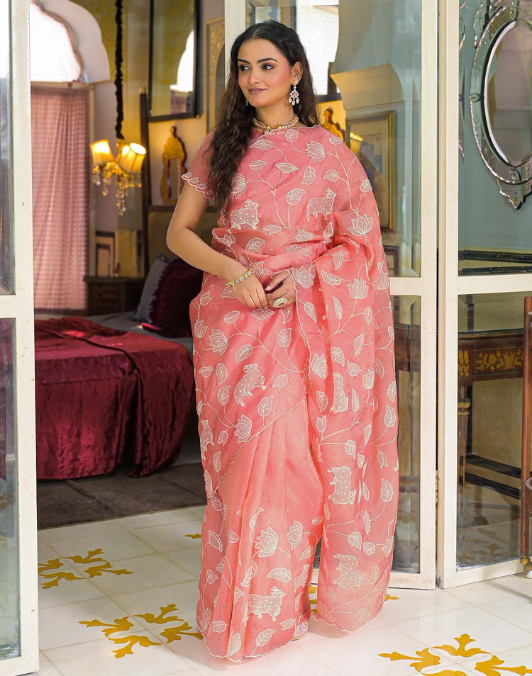 Peach Crush Tissue Embroidery Saree