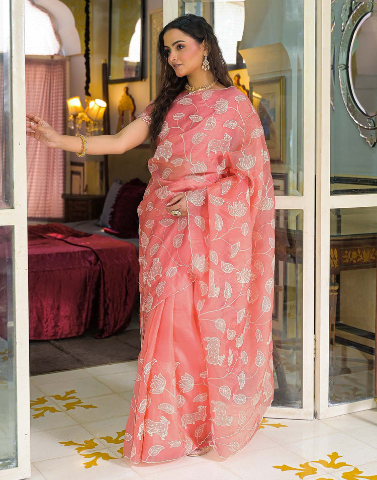 Peach Crush Tissue Embroidery Saree