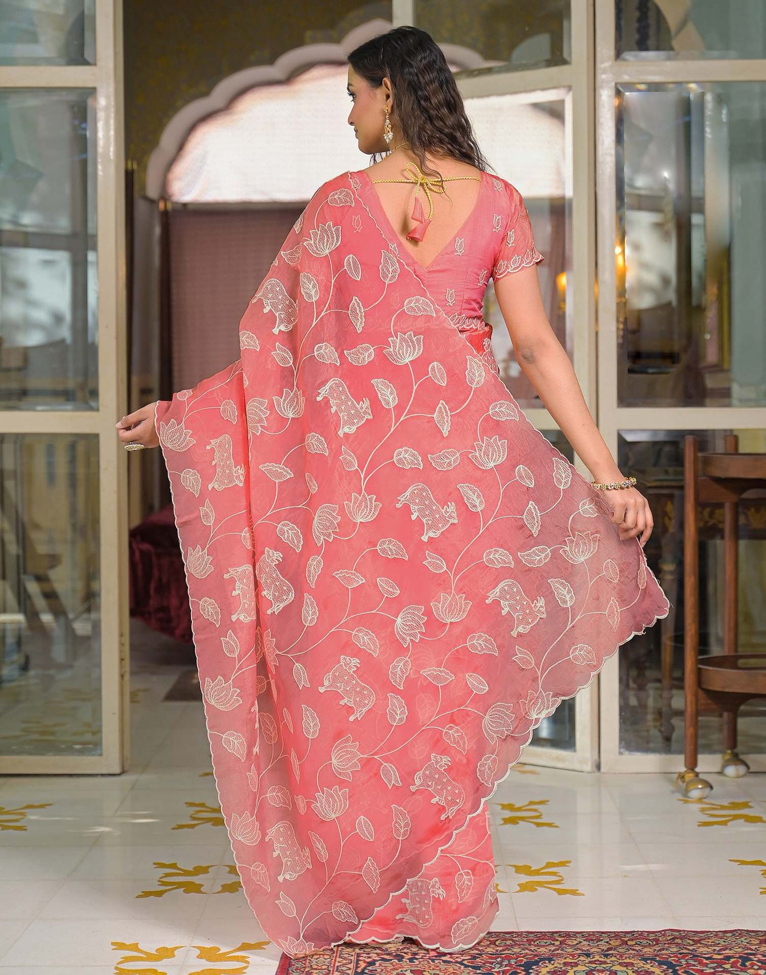 Peach Crush Tissue Embroidery Saree