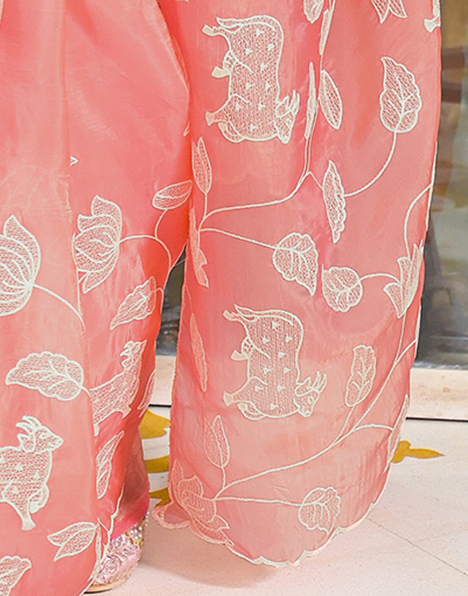 Peach Crush Tissue Embroidery Saree