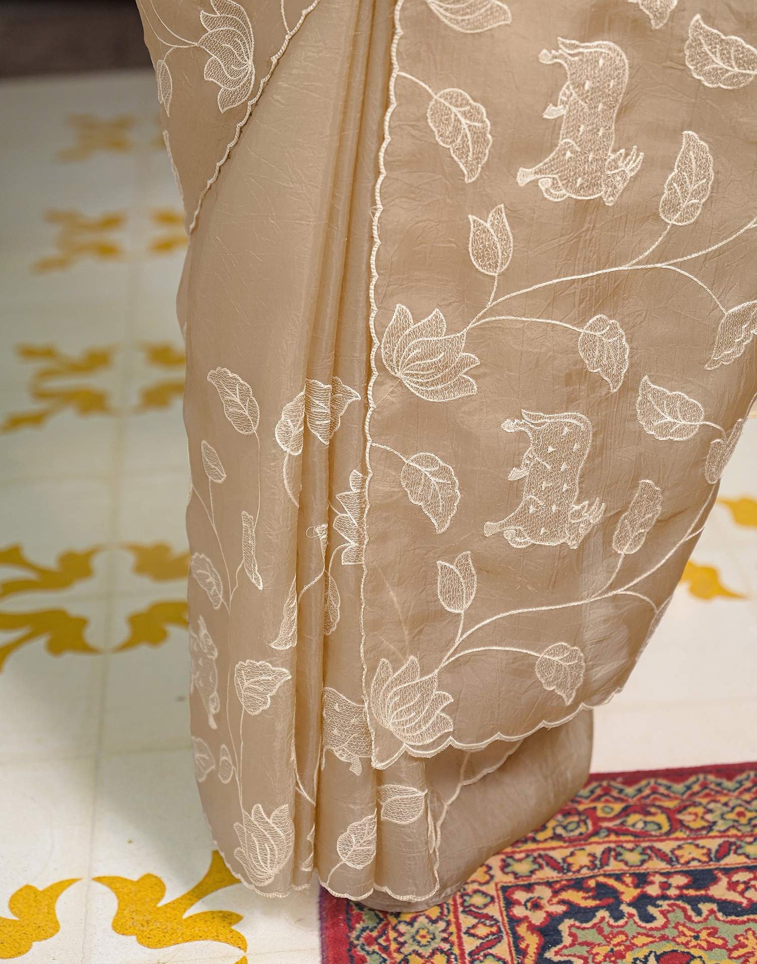 Beige Crush Tissue Embroidery Saree