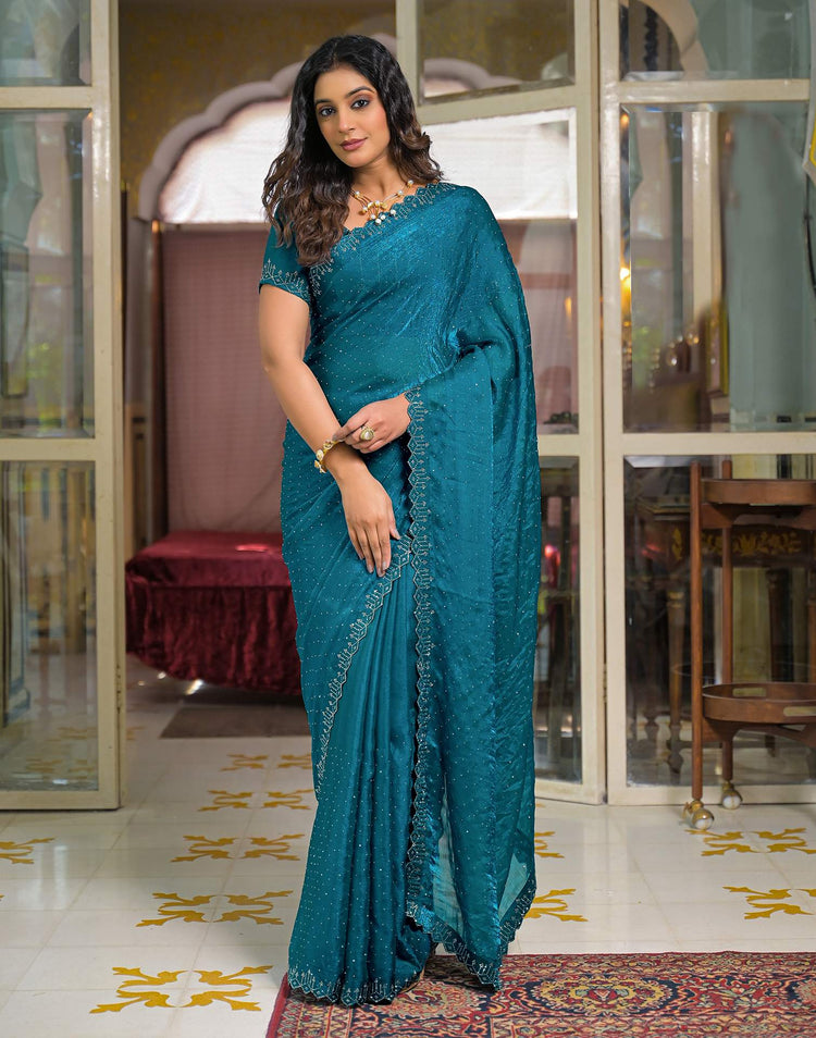 Teal Blue Shimmer Stone Work Swarovski Saree