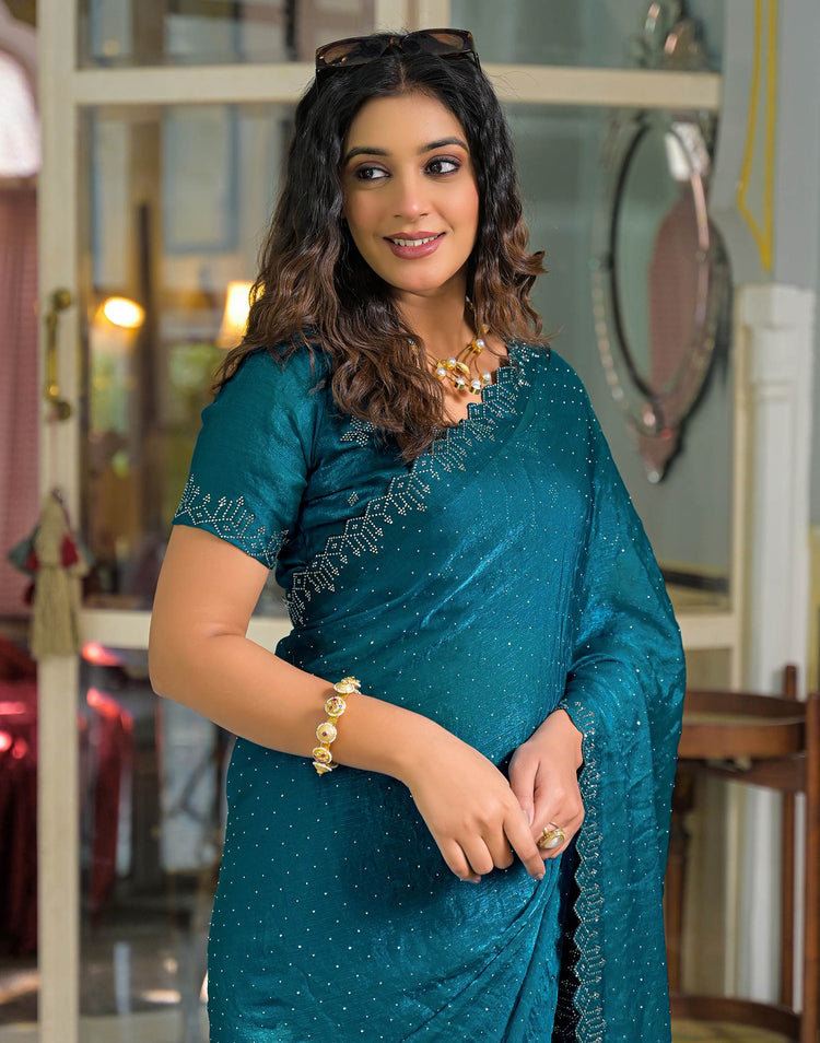 Teal Blue Shimmer Stone Work Swarovski Saree