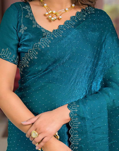 Teal Blue Shimmer Stone Work Swarovski Saree