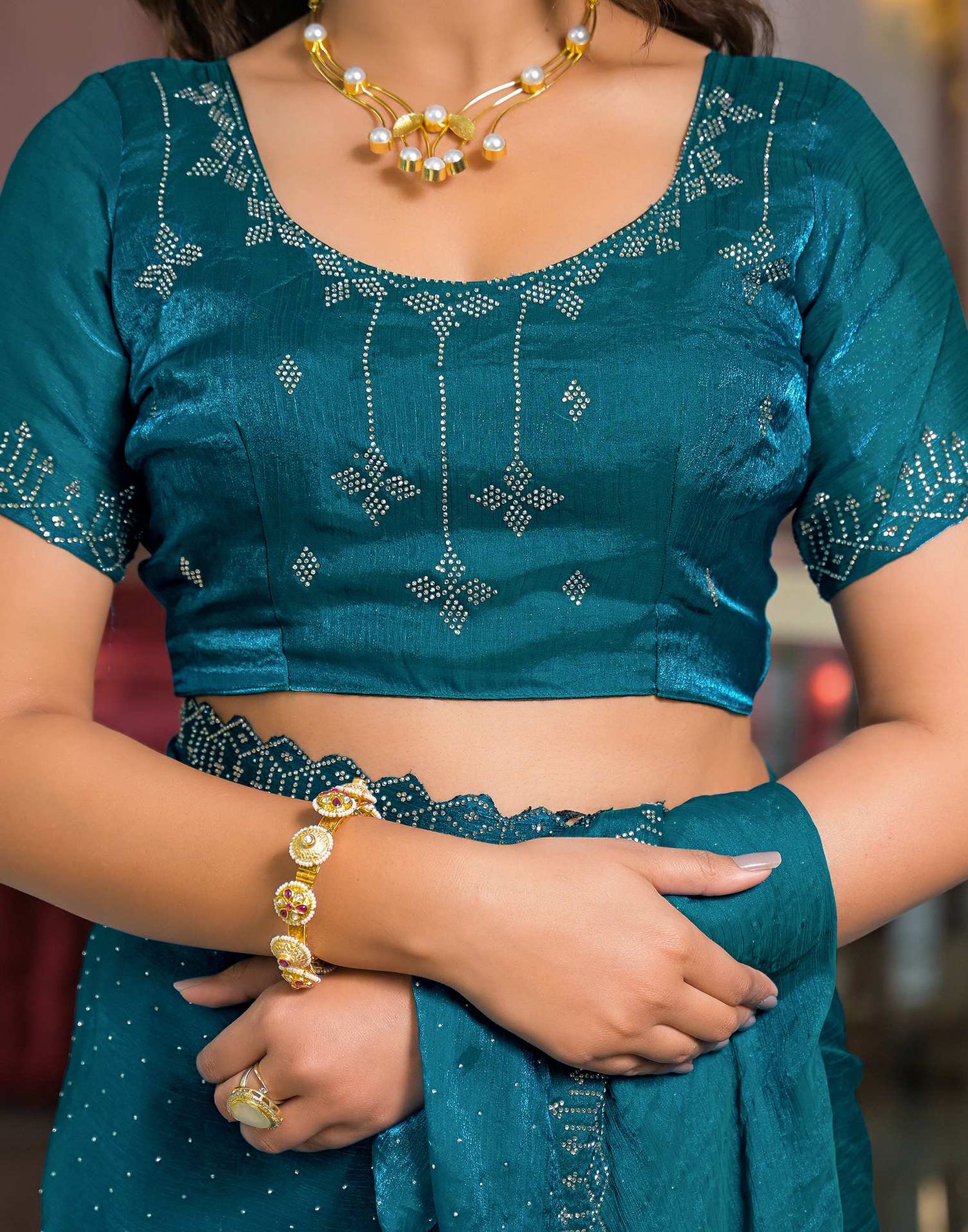 Teal Blue Shimmer Stone Work Swarovski Saree