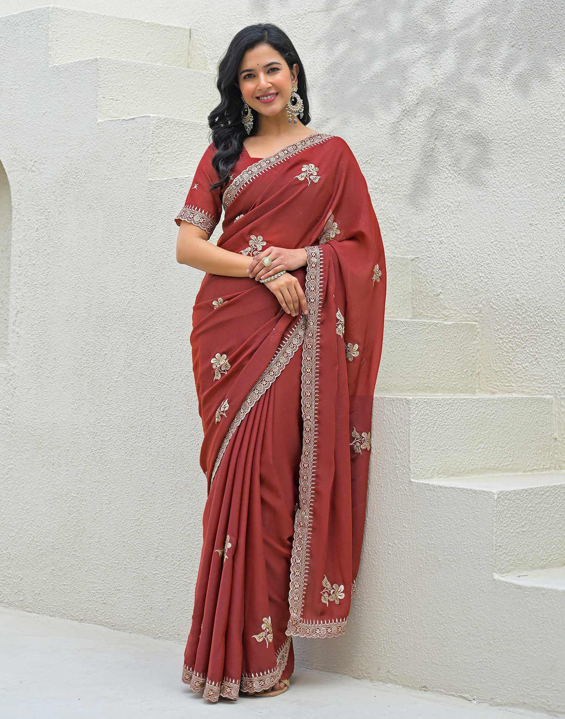 Rust Shimmer Embroidery Saree