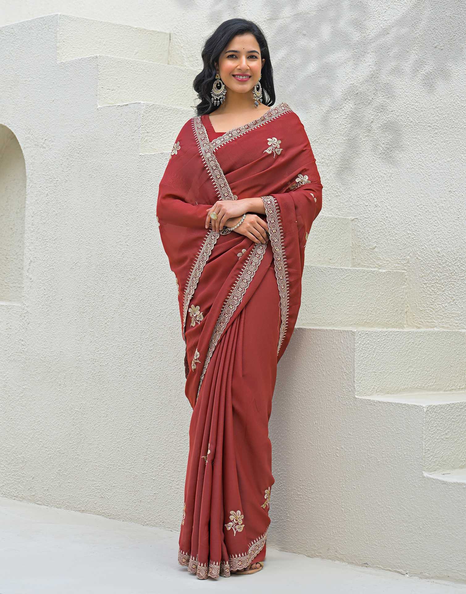 Rust Shimmer Embroidery Saree