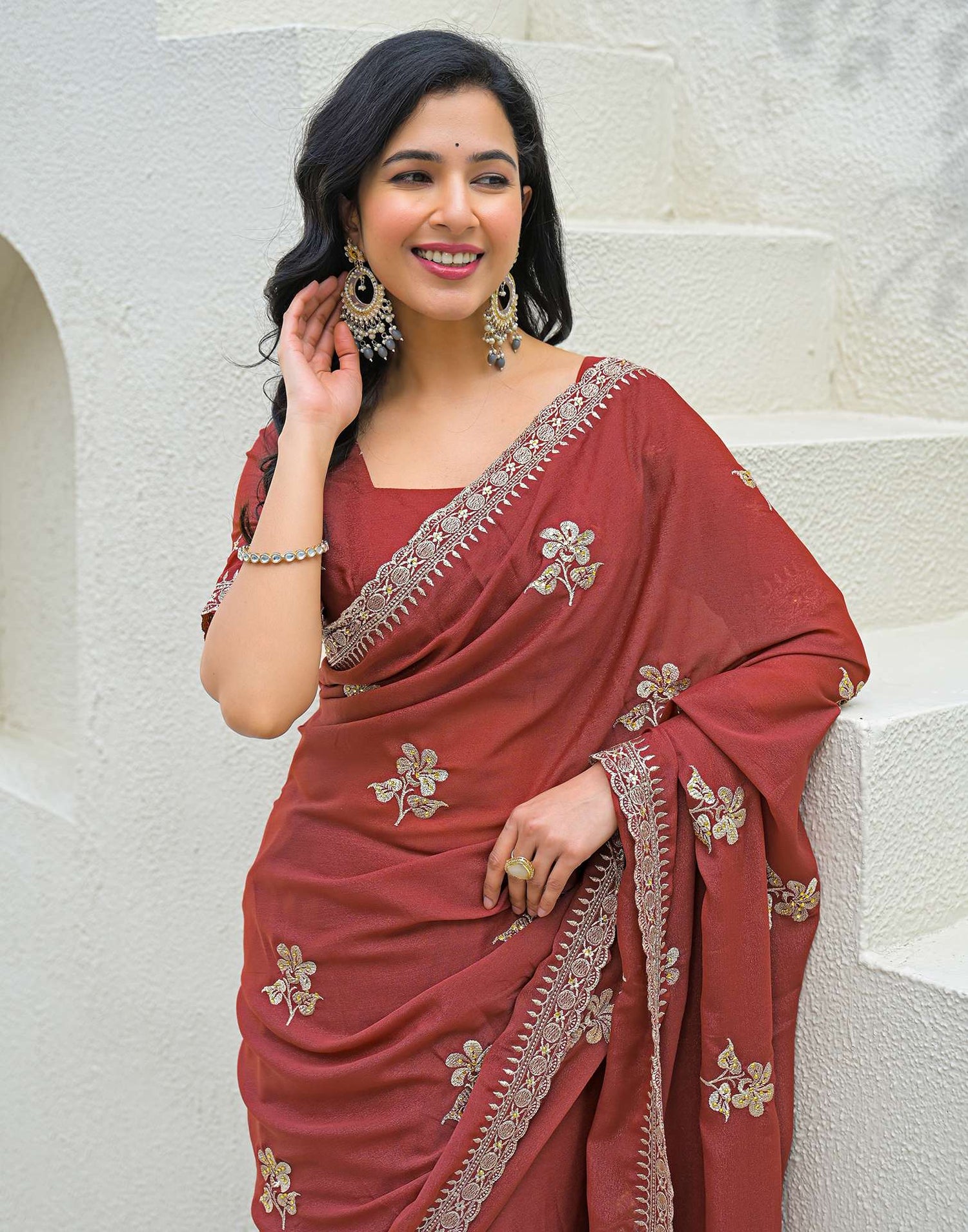 Rust Shimmer Embroidery Saree