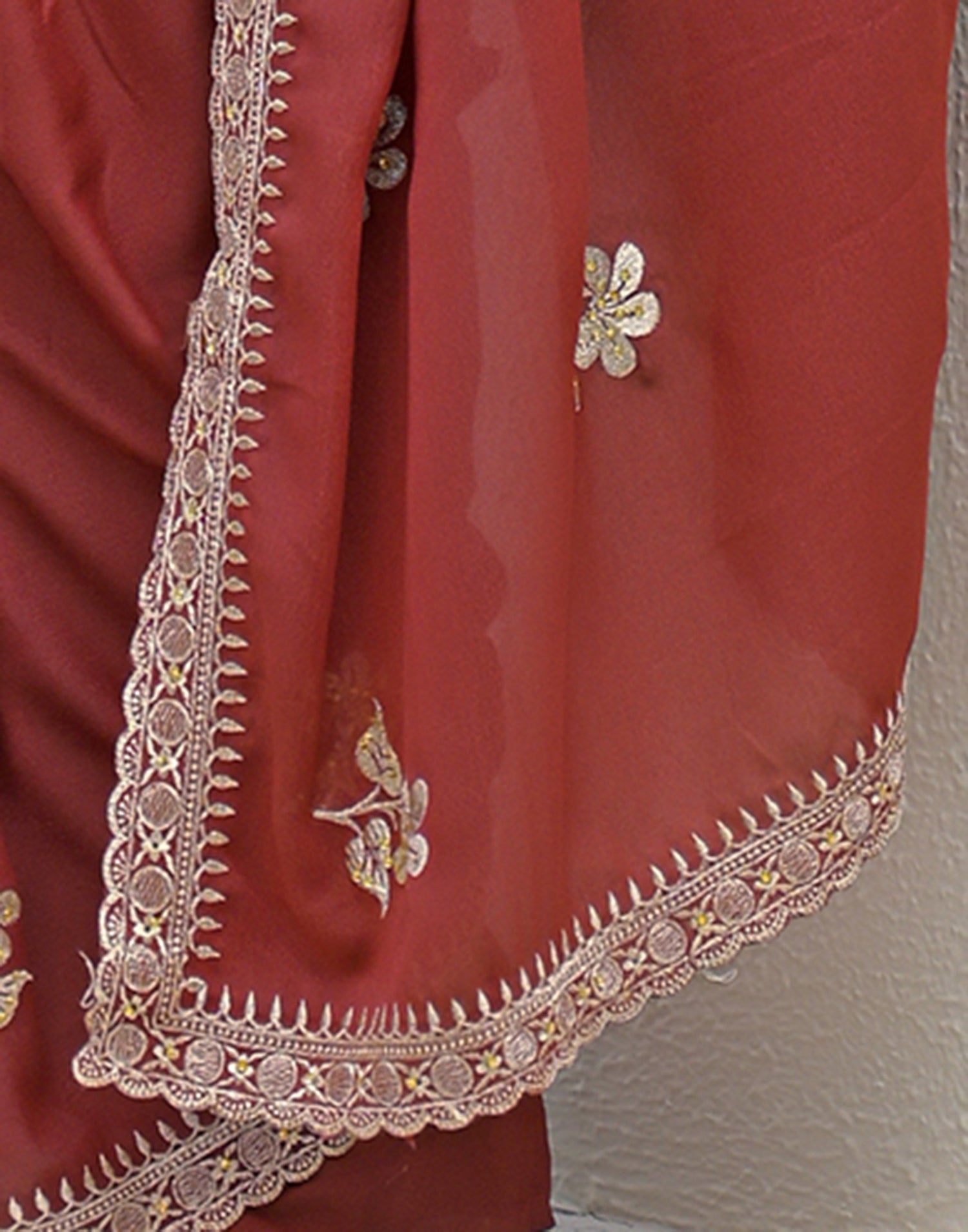 Rust Shimmer Embroidery Saree