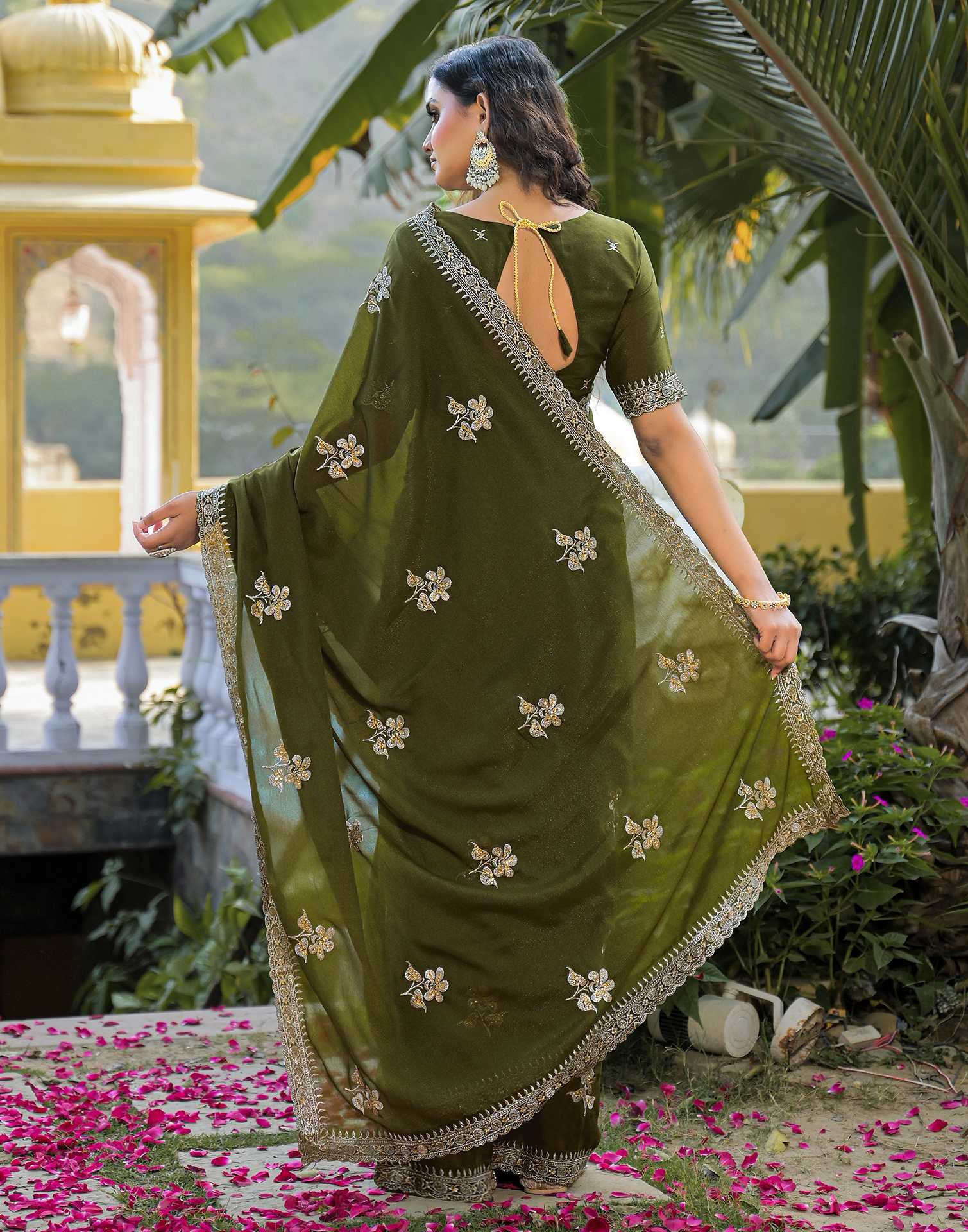 Mahendi Green Shimmer Embroidery Saree