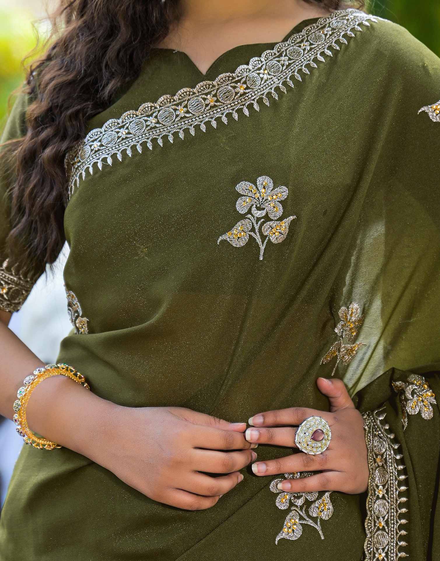 Mahendi Green Shimmer Embroidery Saree