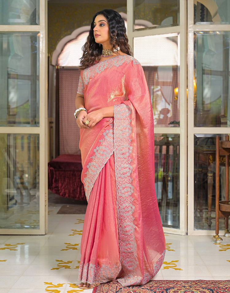 Peach Shimmer Tissue Embroidery Saree