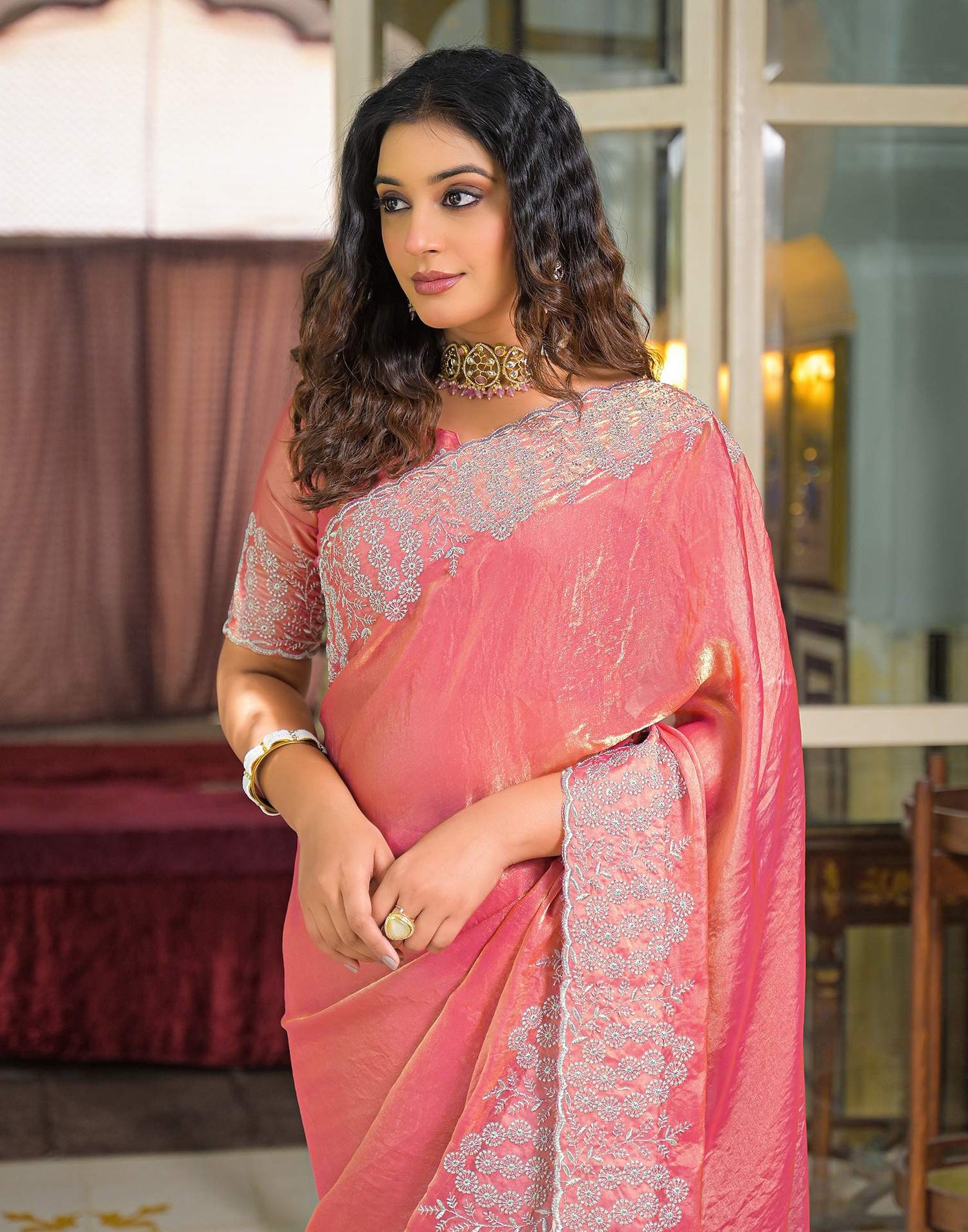 Peach Shimmer Tissue Embroidery Saree