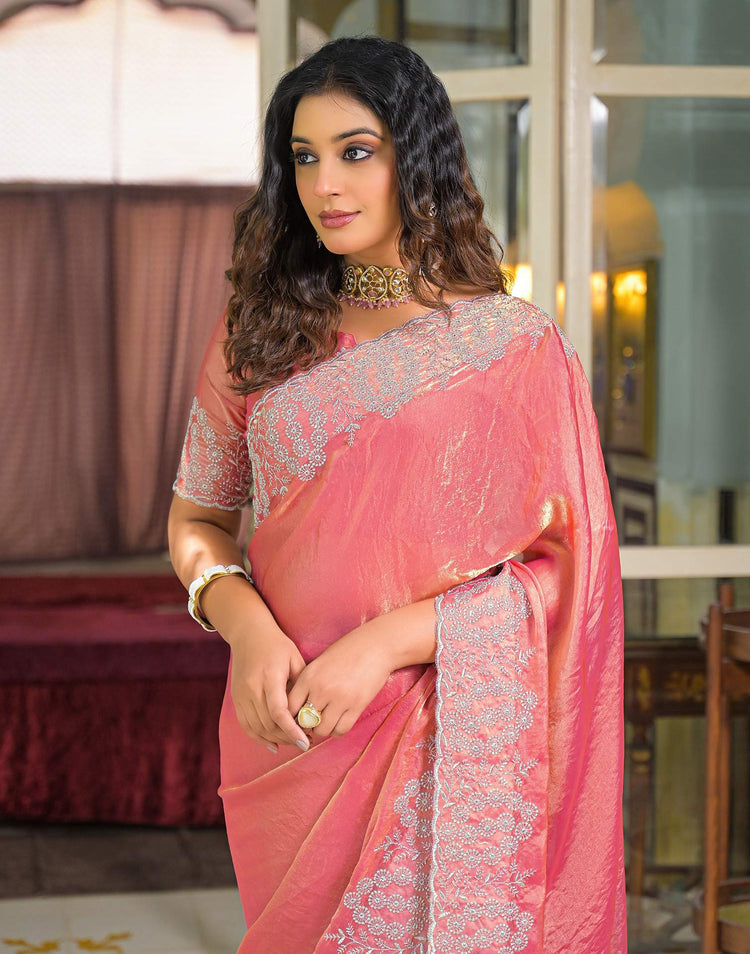 Peach Shimmer Tissue Embroidery Saree