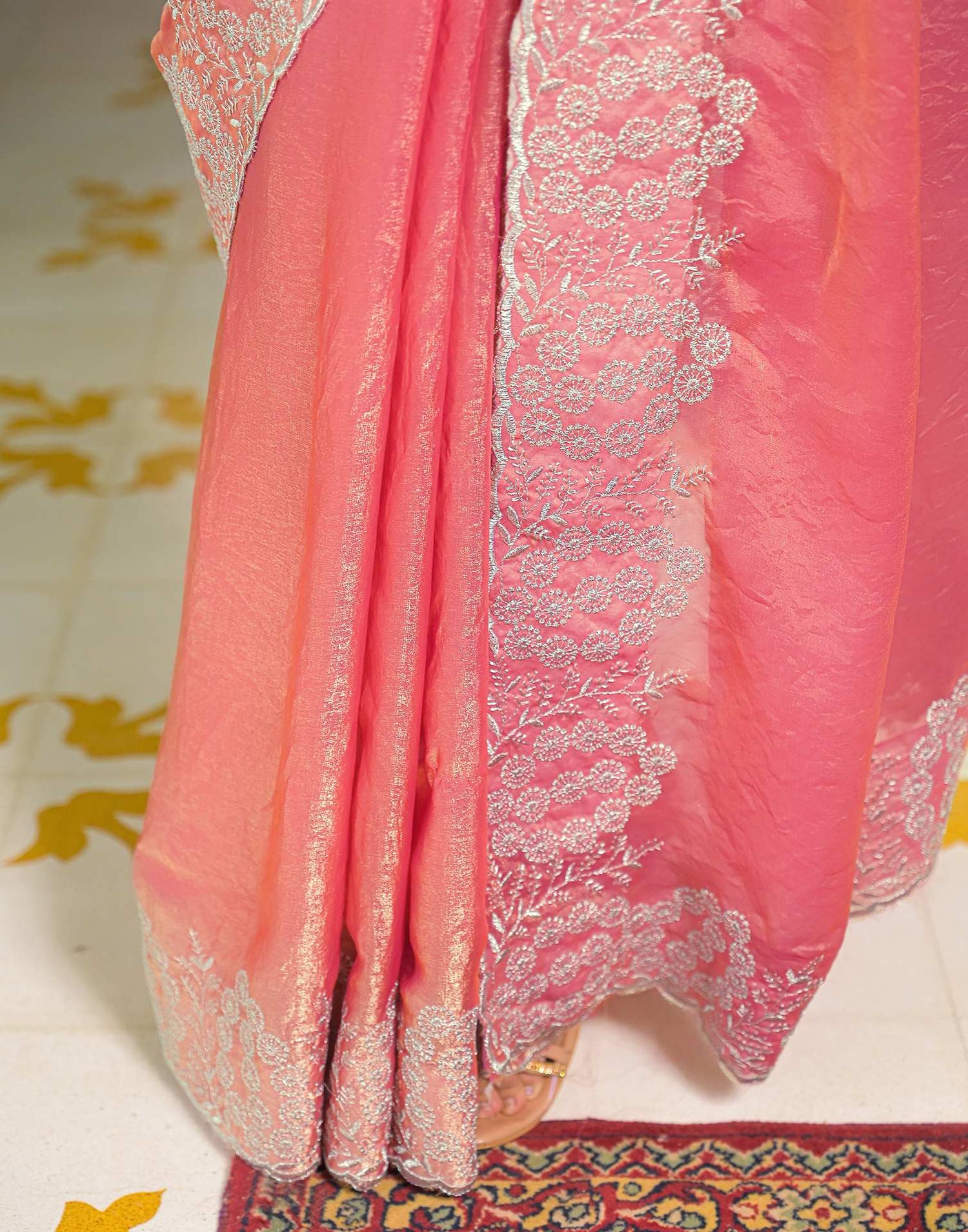 Peach Shimmer Tissue Embroidery Saree