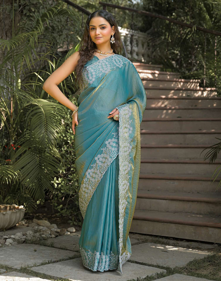 Dusty Teal Green Shimmer Tissue Embroidery Saree