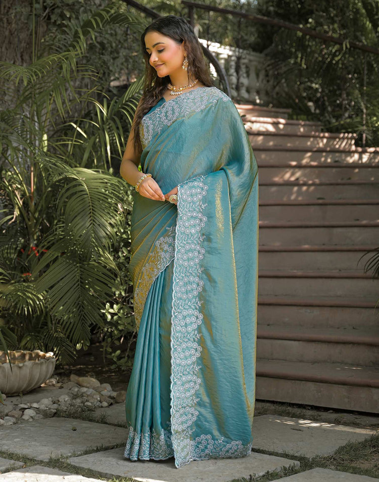 Dusty Teal Green Shimmer Tissue Embroidery Saree
