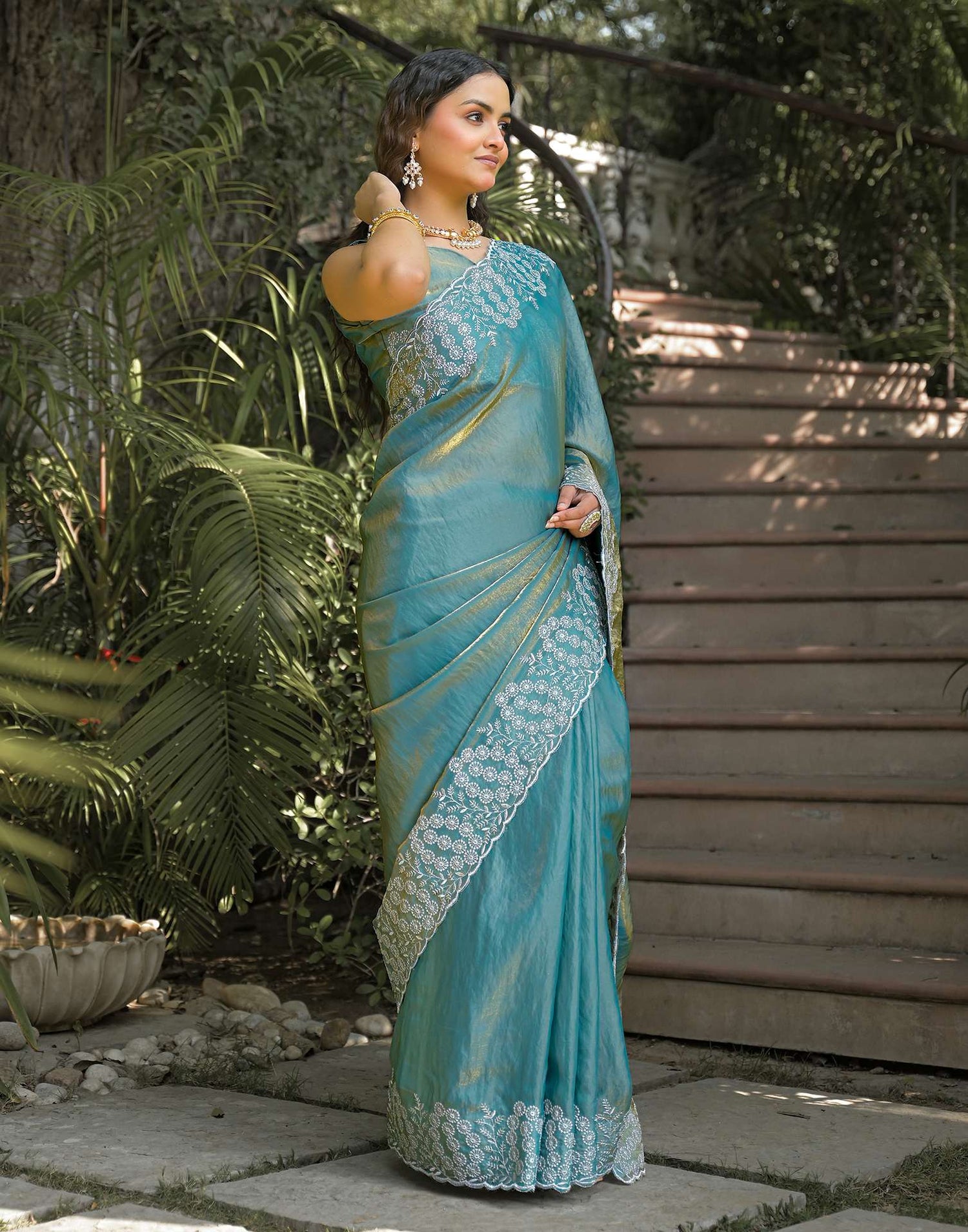 Dusty Teal Green Shimmer Tissue Embroidery Saree