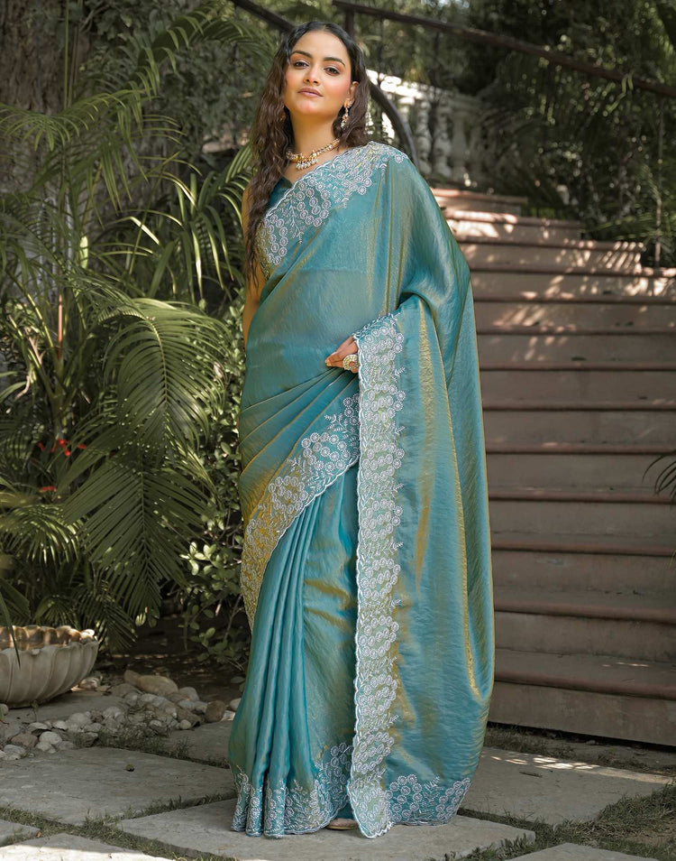 Dusty Teal Green Shimmer Tissue Embroidery Saree
