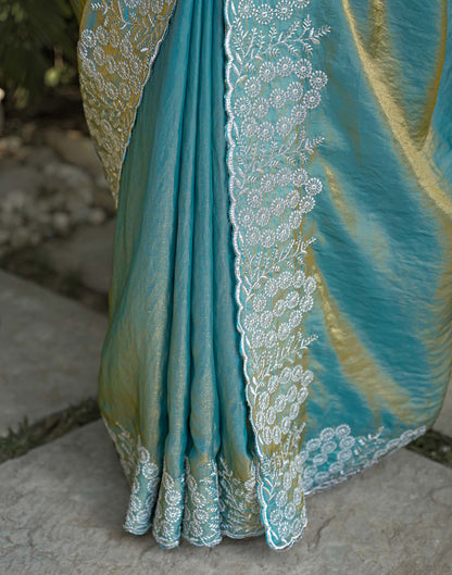 Dusty Teal Green Shimmer Tissue Embroidery Saree