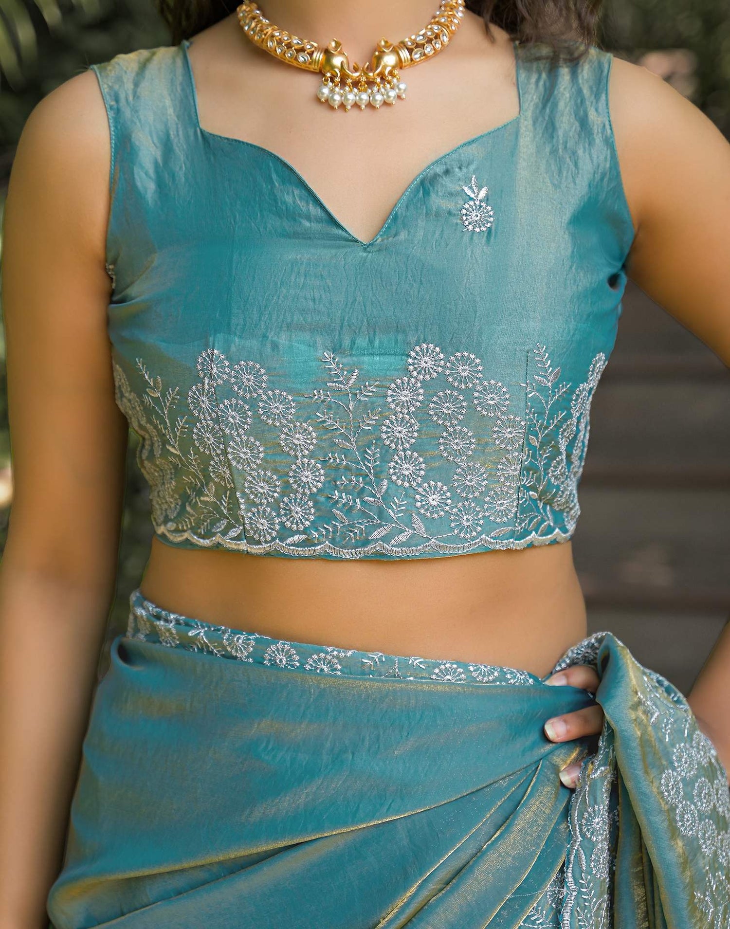 Dusty Teal Green Shimmer Tissue Embroidery Saree