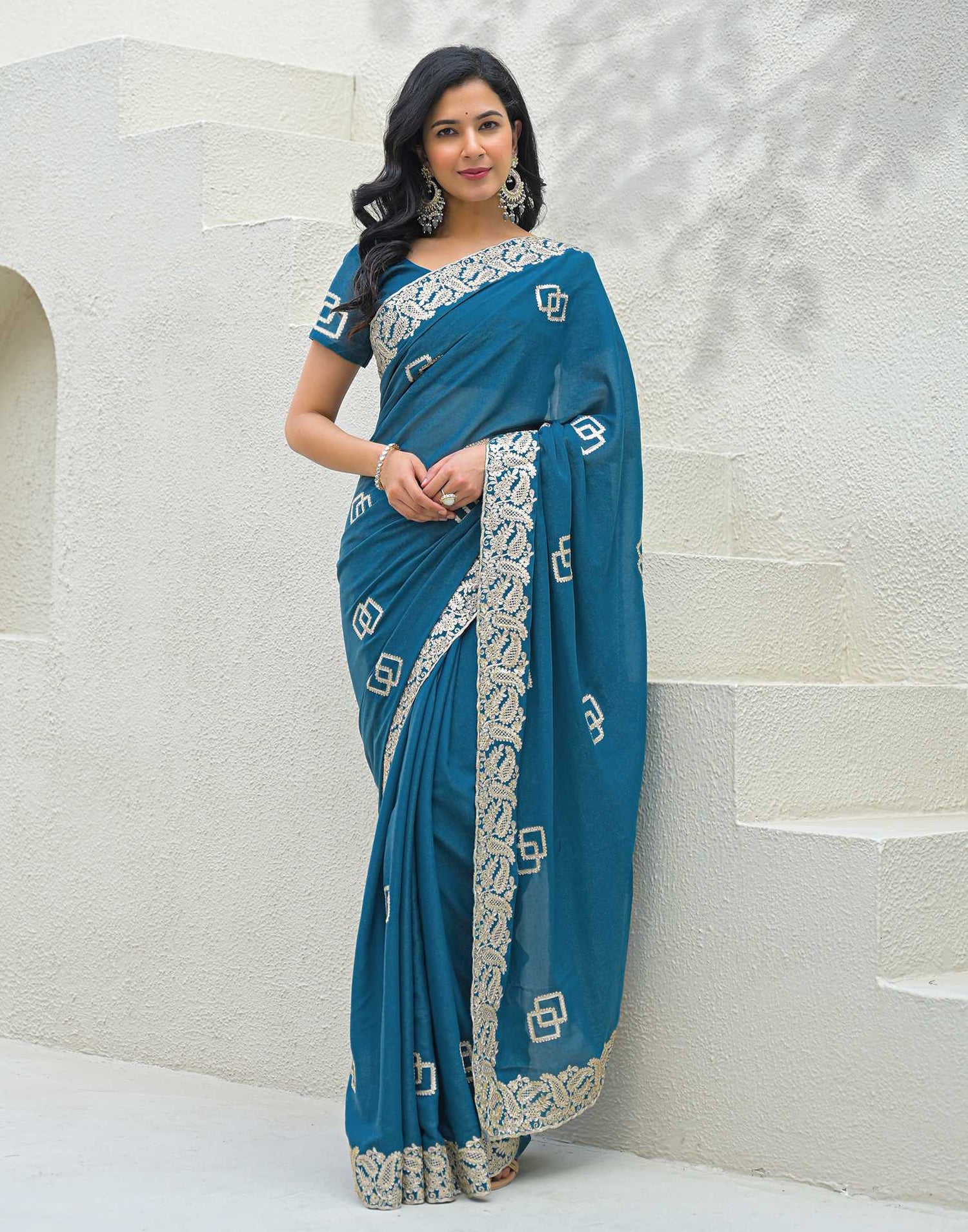 Dusty Teal Blue Shimmer Embroidery Saree