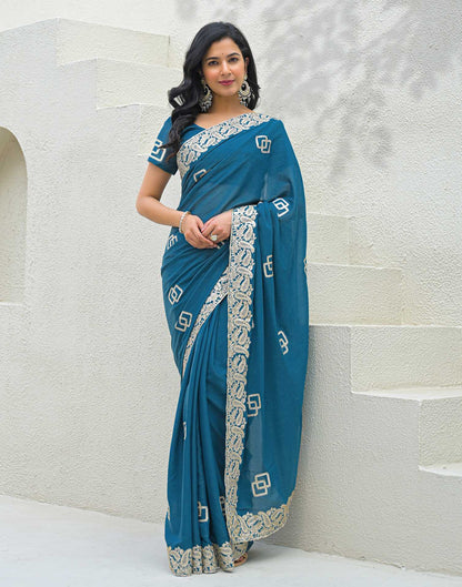 Dusty Teal Blue Shimmer Embroidery Saree