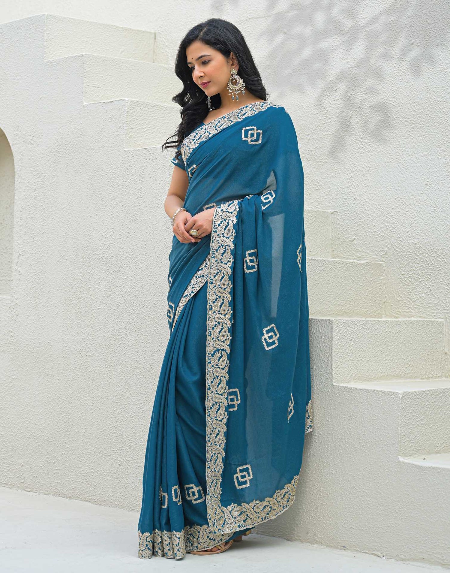 Dusty Teal Blue Shimmer Embroidery Saree
