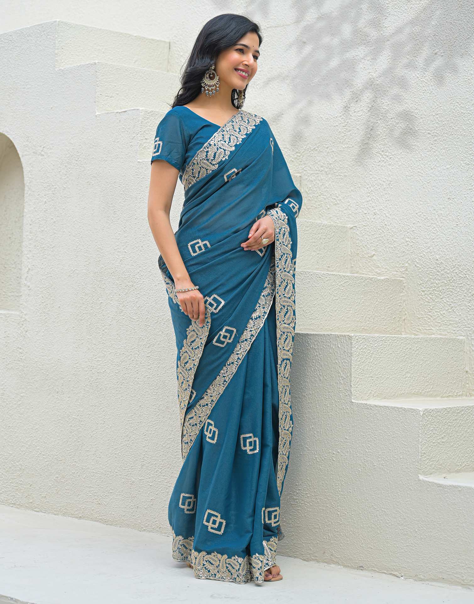 Dusty Teal Blue Shimmer Embroidery Saree