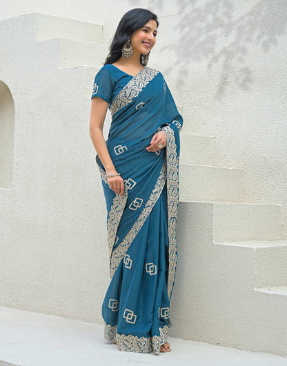 Dusty Teal Blue Shimmer Embroidery Saree