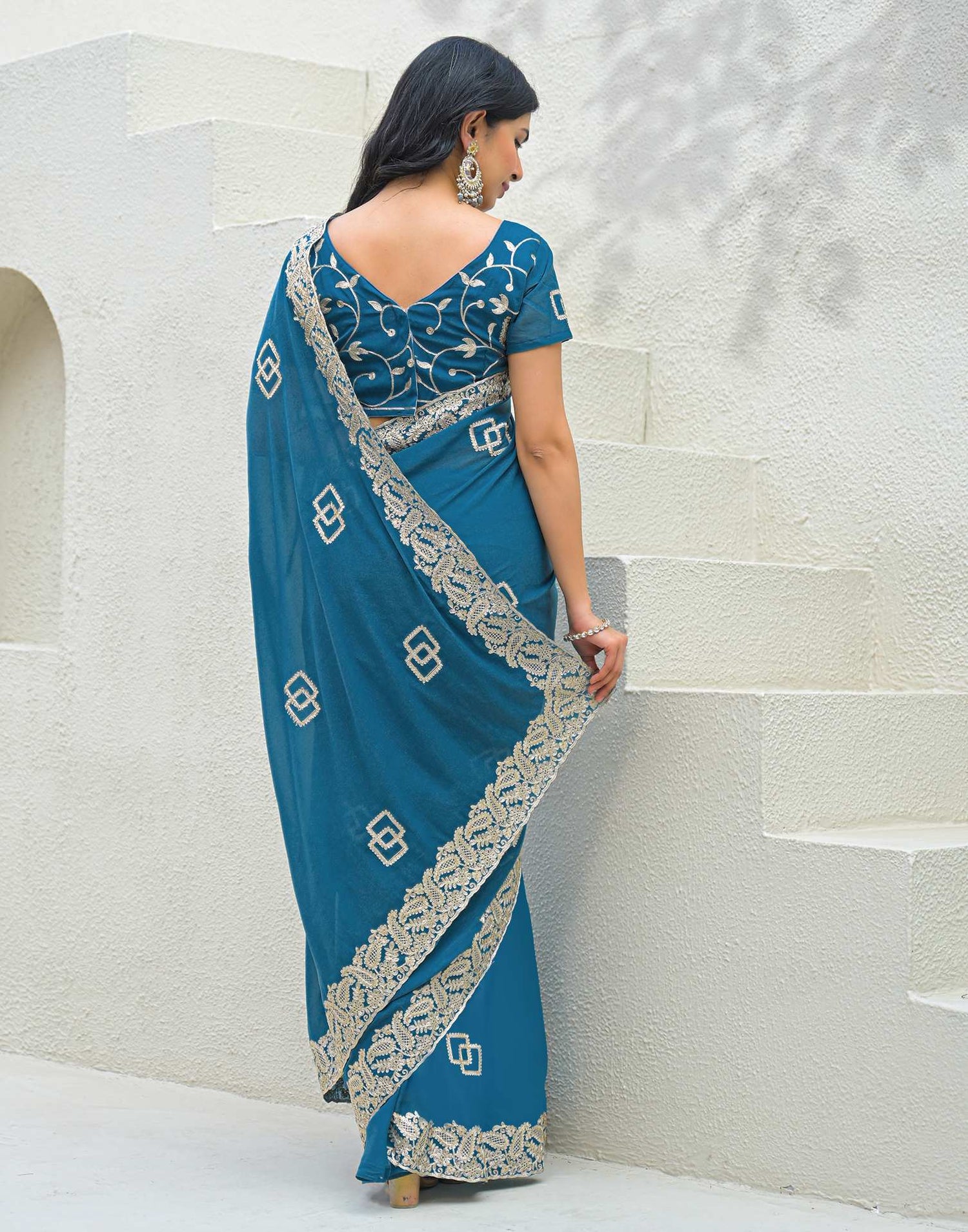 Dusty Teal Blue Shimmer Embroidery Saree