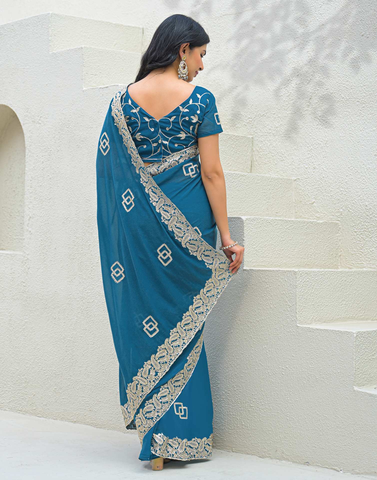 Dusty Teal Blue Shimmer Embroidery Saree