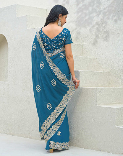 Dusty Teal Blue Shimmer Embroidery Saree