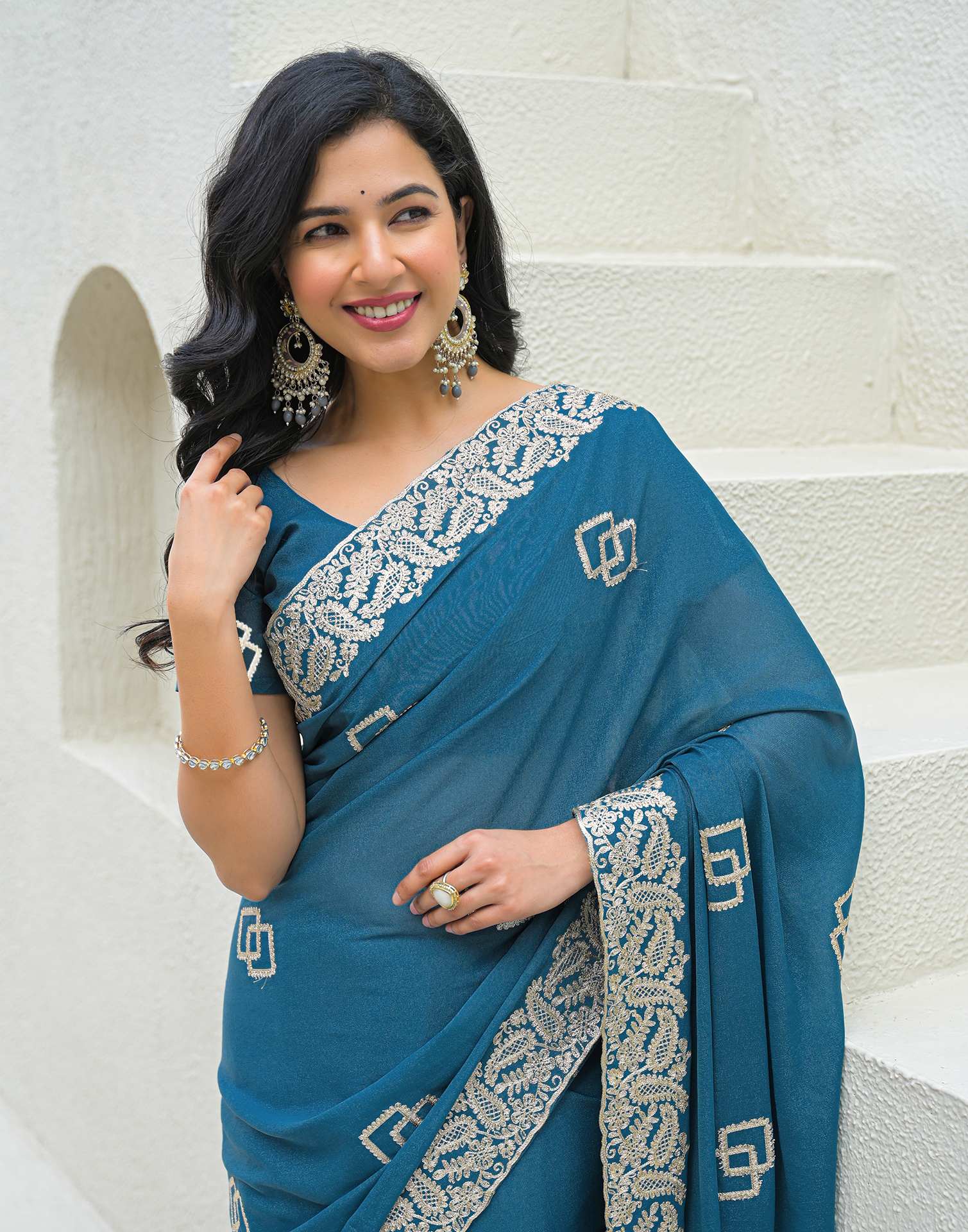 Dusty Teal Blue Shimmer Embroidery Saree