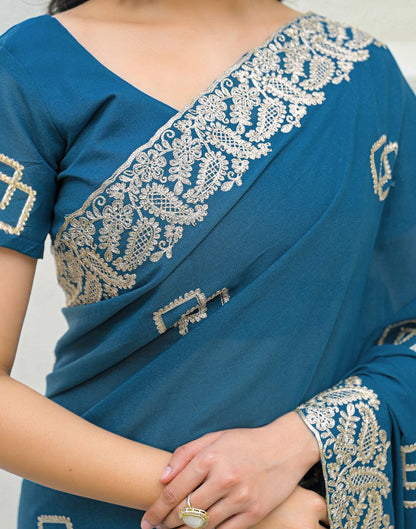 Dusty Teal Blue Shimmer Embroidery Saree