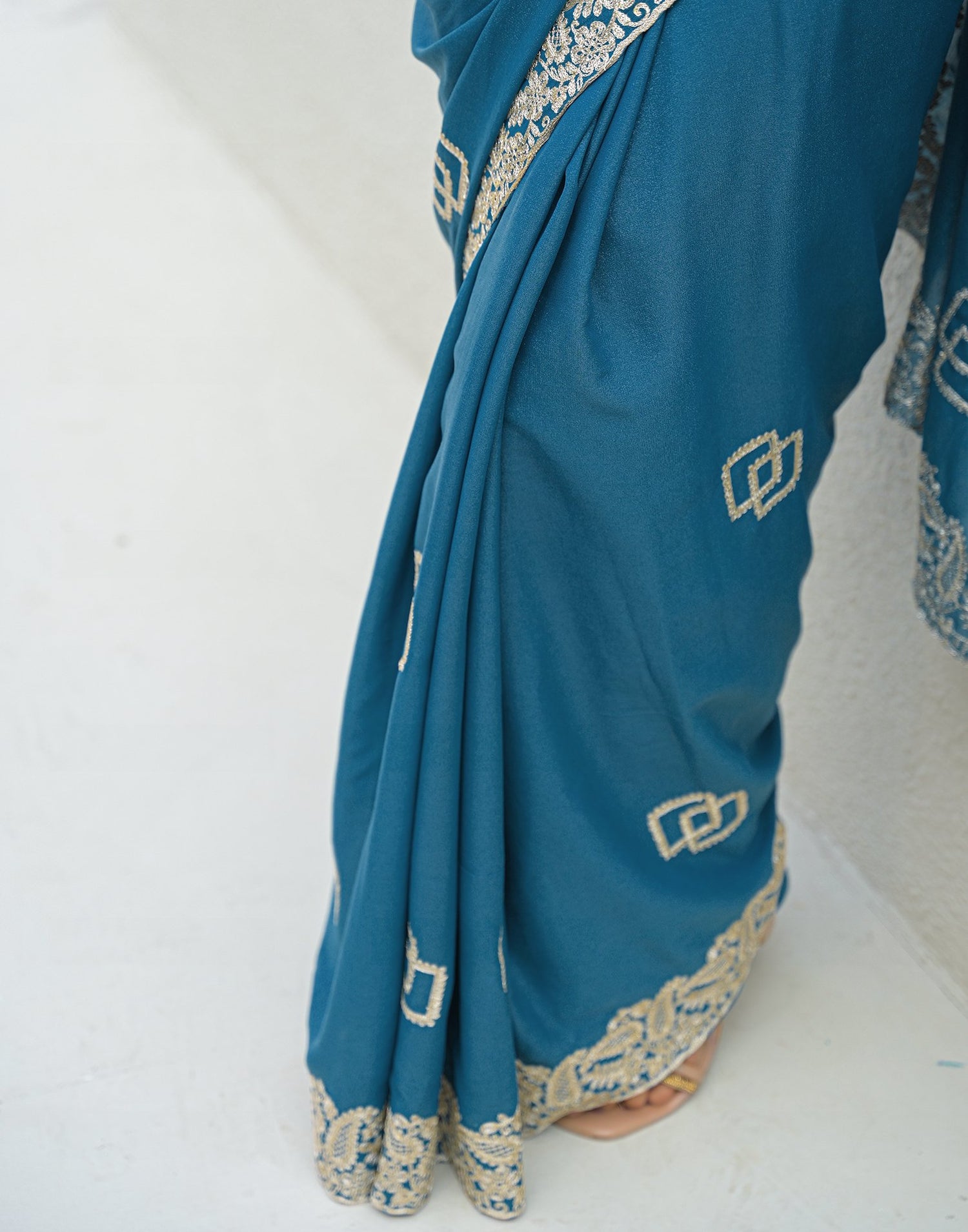 Dusty Teal Blue Shimmer Embroidery Saree