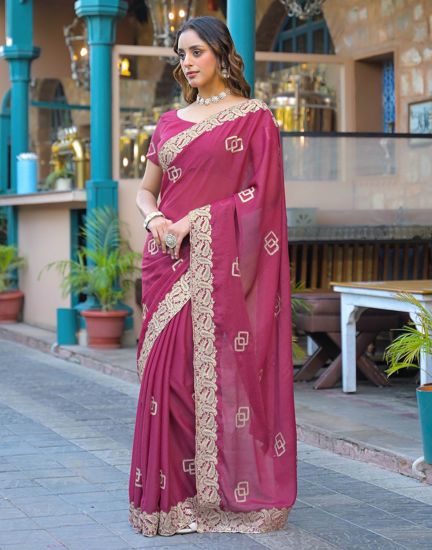 Dark Pink Shimmer Embroidery Saree