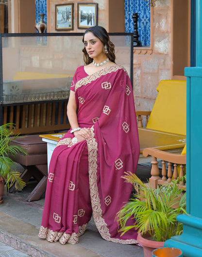Dark Pink Shimmer Embroidery Saree