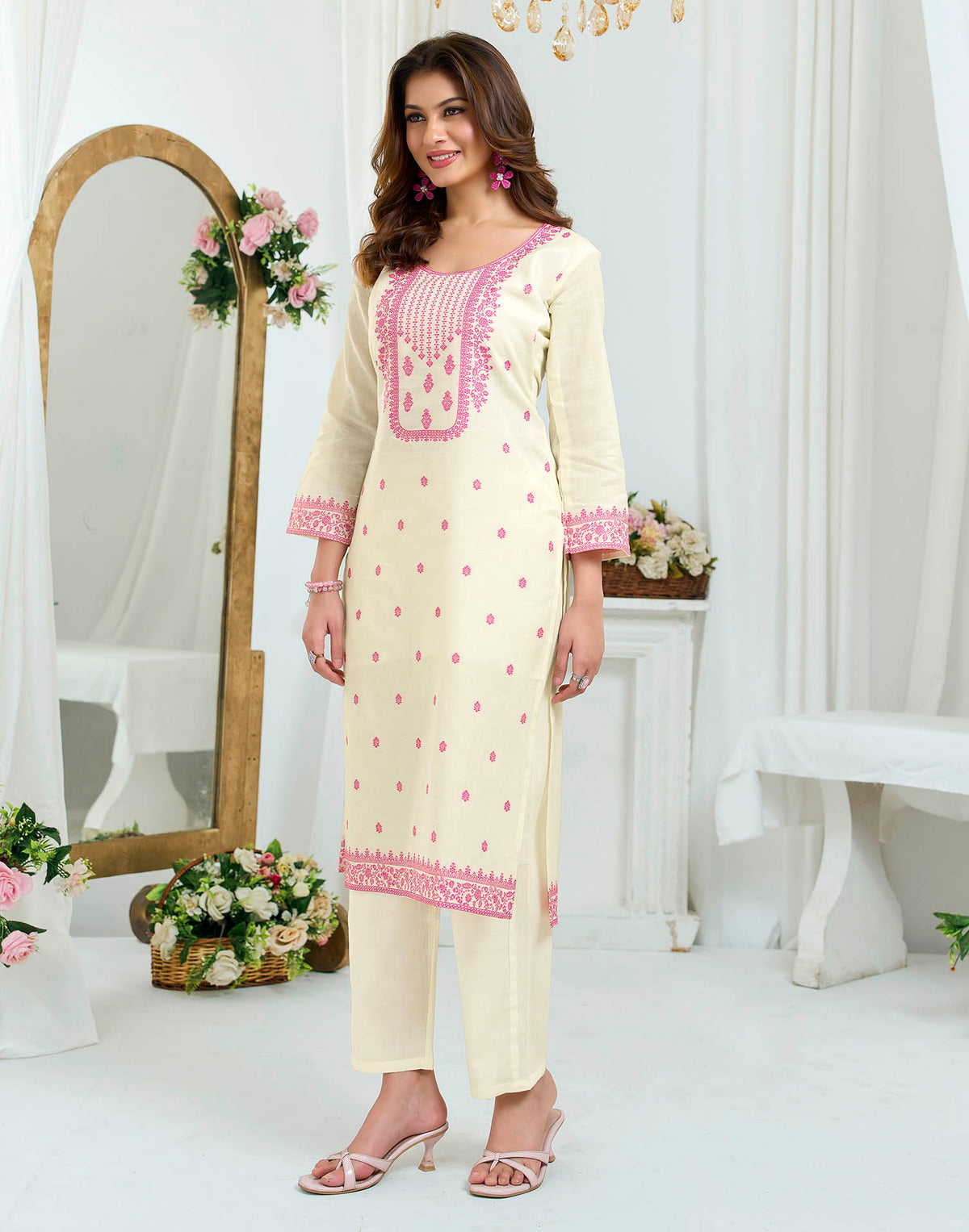 Off White Pure Cotton Woven Straight Kurta Set With Dupatta